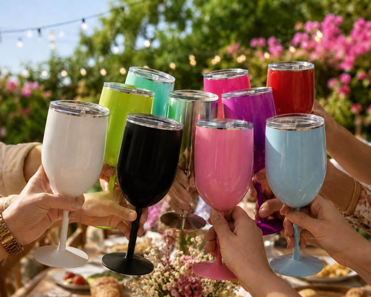 Friends toasting outdoors with Jest House tumblers